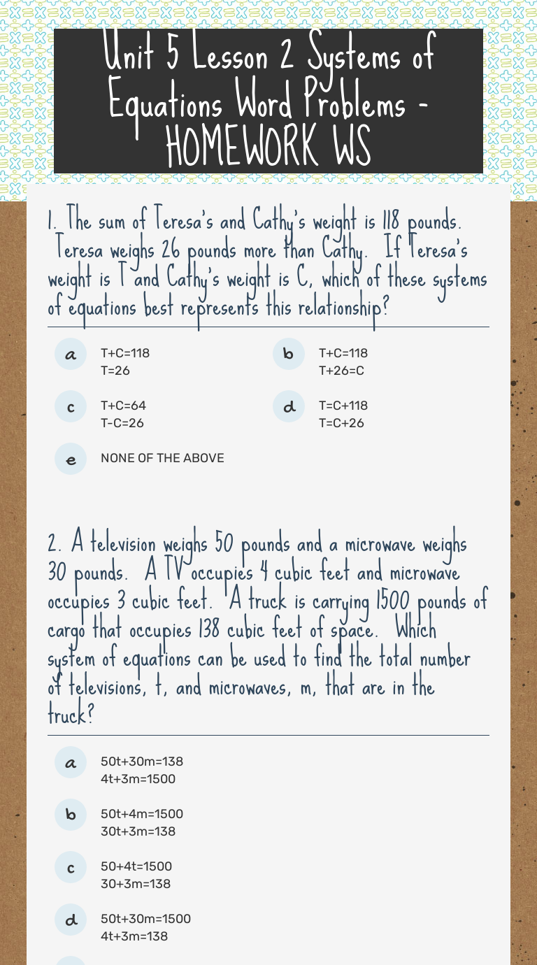 systems of equations word problems homework answers