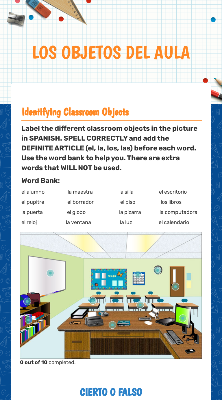 LOS OBJETOS DEL AULA | Interactive Worksheet by Angelina Garcia | Wizer.me