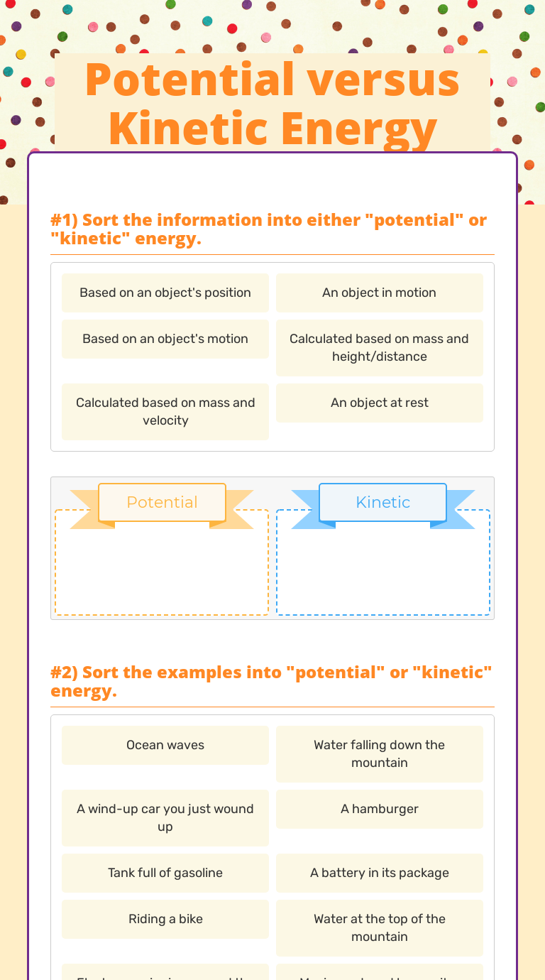 Potential versus Kinetic Energy  Interactive Worksheet by Megan Regarding Potential And Kinetic Energy Worksheet