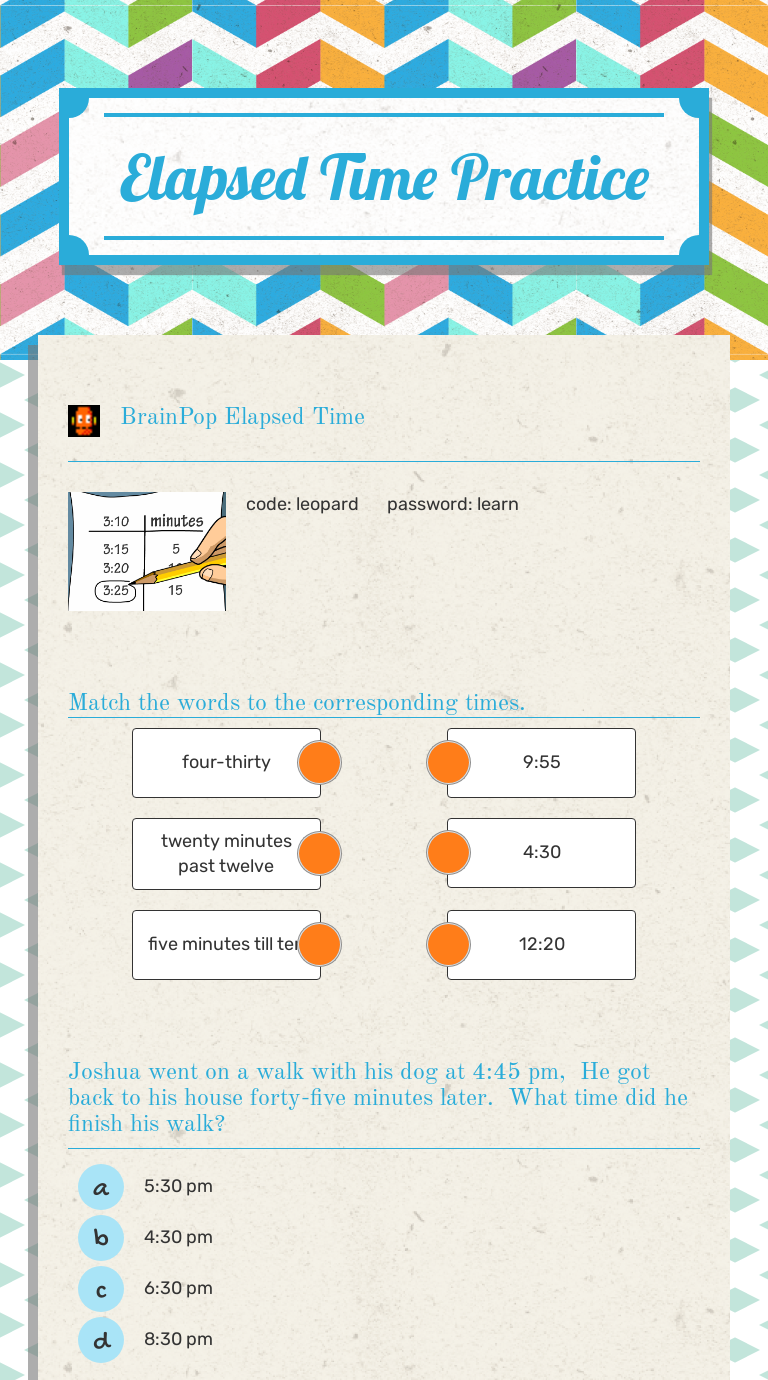Elapsed Time Practice | Interactive Worksheet by Amanda Flanter | Wizer.me