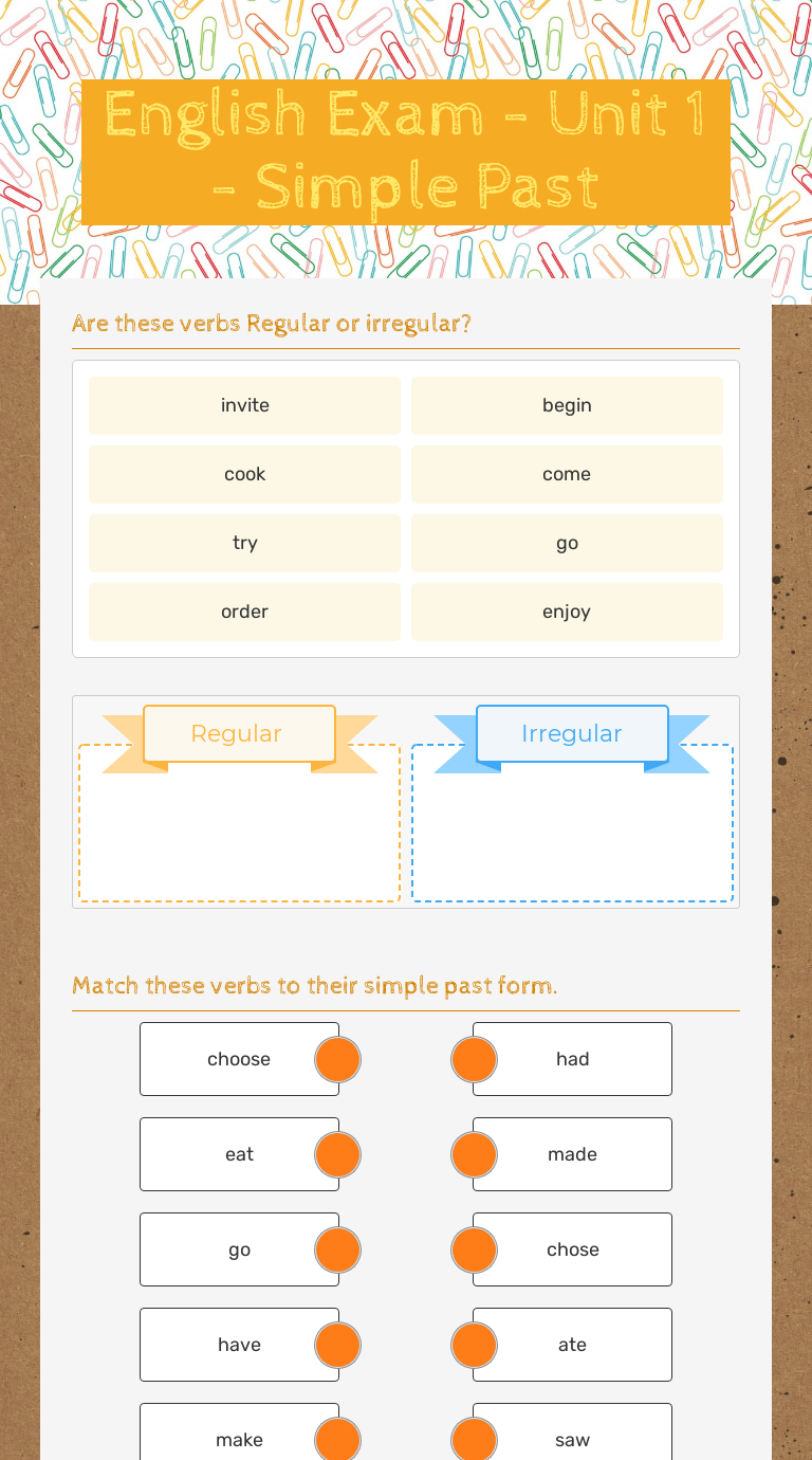 English Exam - Unit 1 - Simple Past worksheet preview image