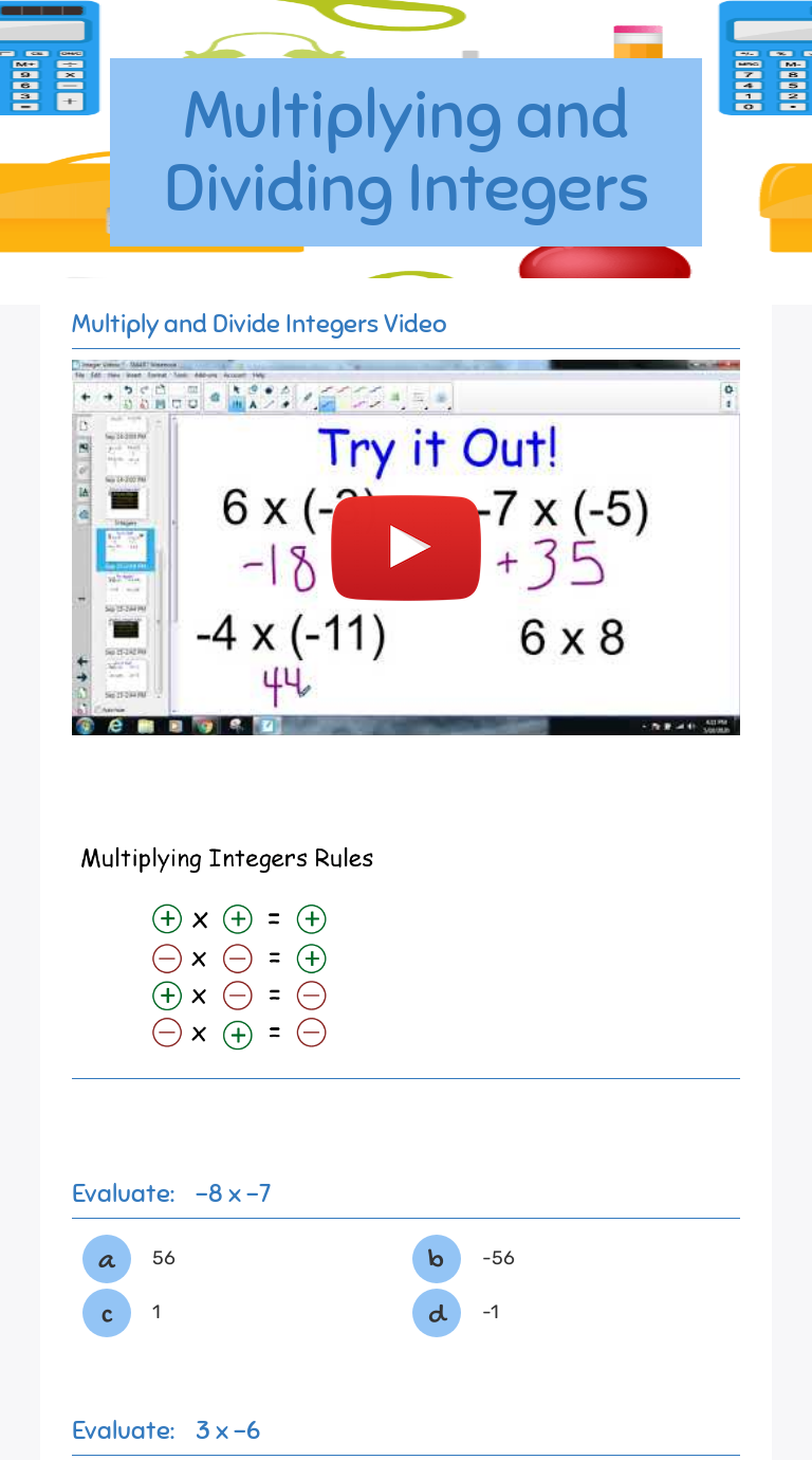 Multiplying and Dividing Integers  Interactive Worksheet by Within Multiplying And Dividing Integers Worksheet