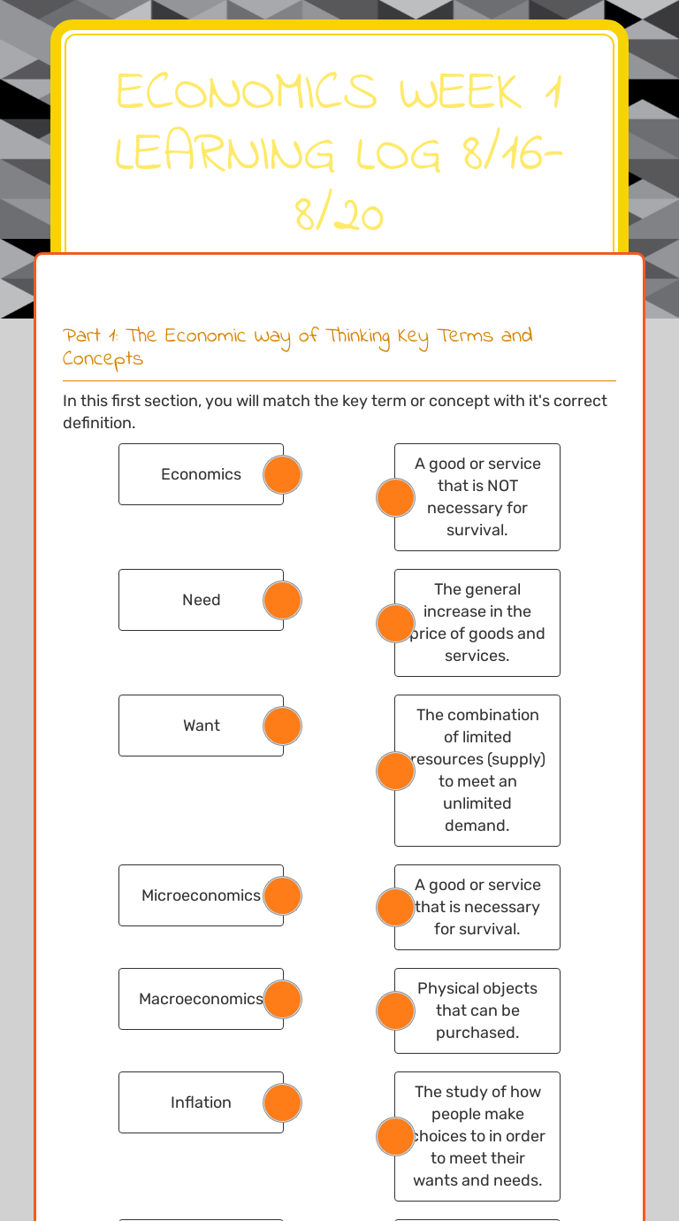 Economics 
Week 1 Learning Log 
8/16-8/20 worksheet preview image