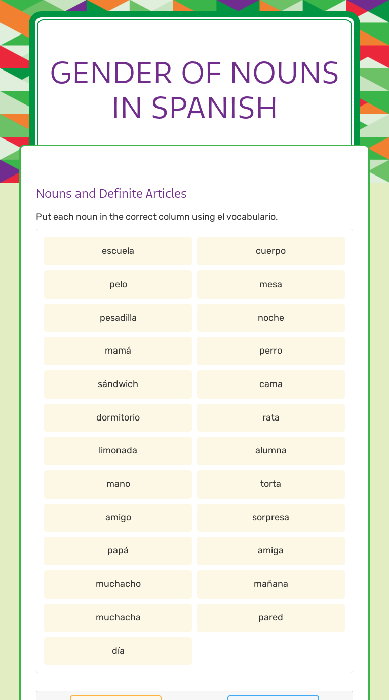 Gender Of Nouns Spanish Quiz