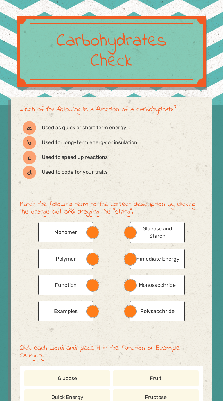 Carbohydrates Check Interactive Worksheet by Susan Hammond Wizer.me