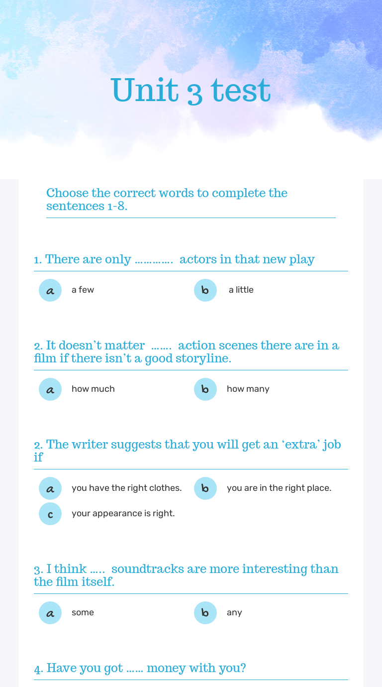 Unit 3 Test | Interactive Worksheet By Michaela Kolářová | Wizer.me