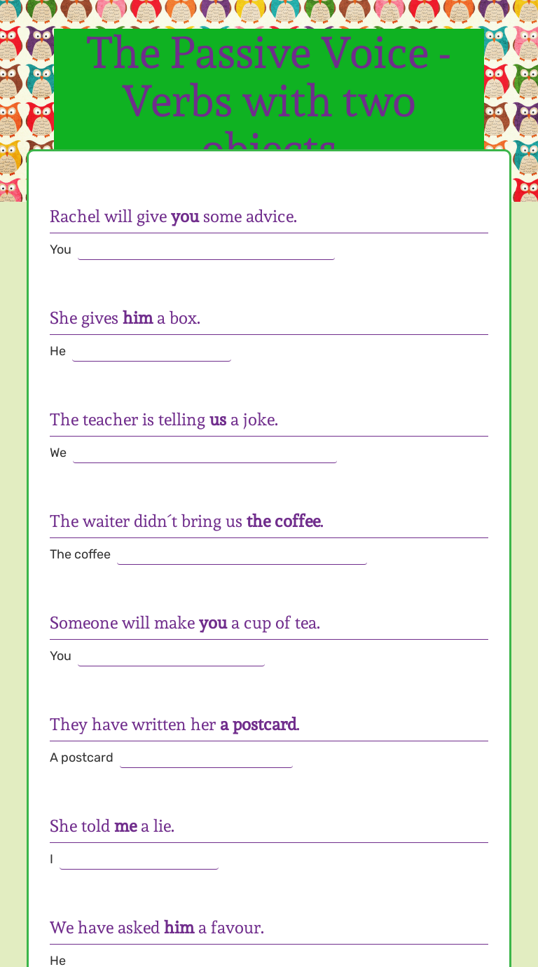 The Passive Voice - Verbs with two objects | Interactive Worksheet by Ze Moniz | Wizer.me