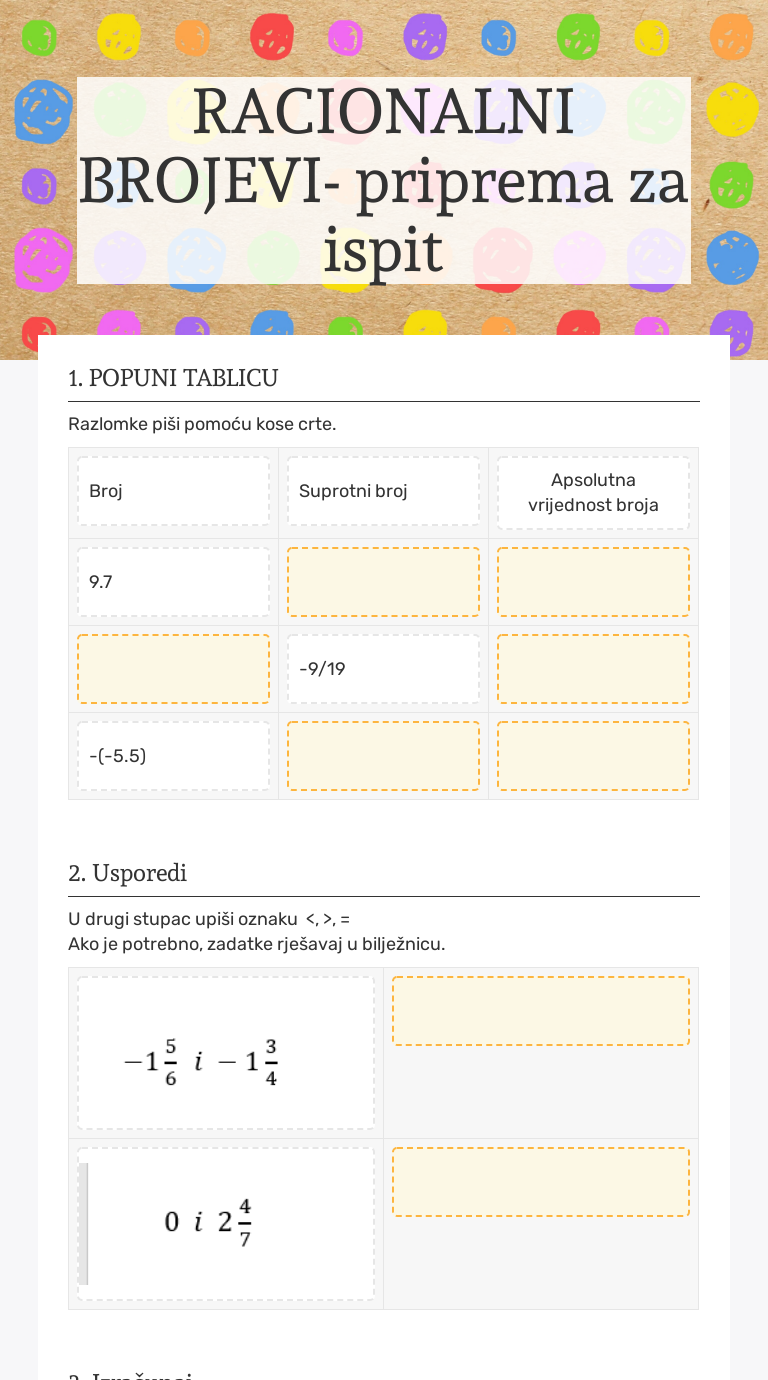 RACIONALNI BROJEVI- priprema za ispit | Interactive Worksheet by Ivana ...