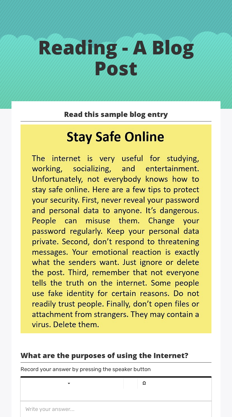 Reading - A Blog Post worksheet preview image