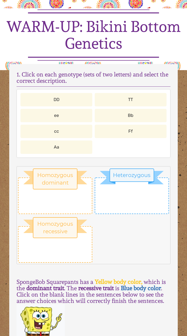 Warm Up Bikini Bottom Genetics Interactive Worksheet By Teresa Reeves Wizer Me