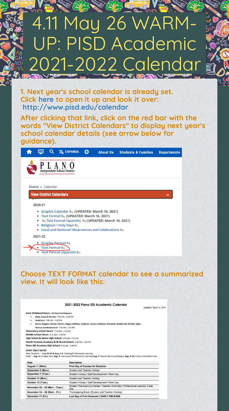 Pisd 2022 Calendar 4.11 May 26 Warm-Up: Pisd Academic 2021-2022 Calendar | Interactive  Worksheet By Teresa Reeves | Wizer.me