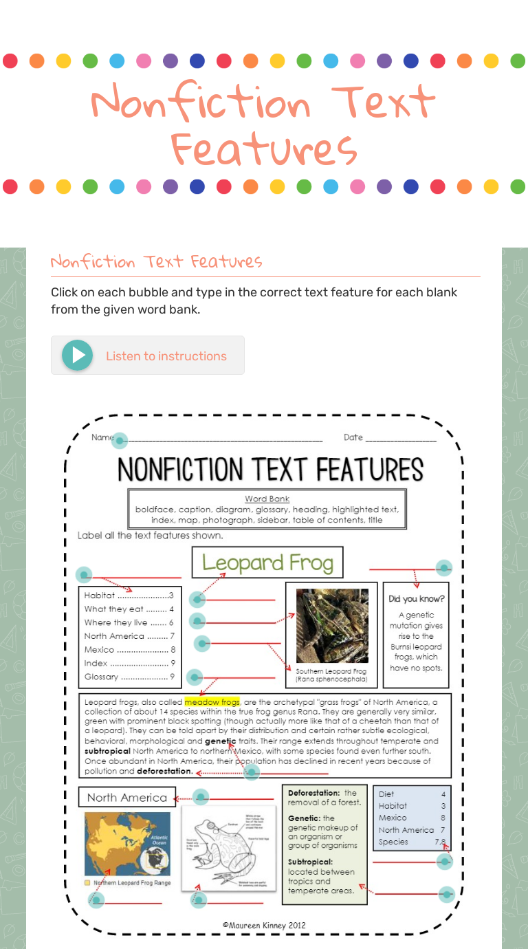 Nonfiction Text Features  Interactive Worksheet by Jaime Robinson Intended For Nonfiction Text Features Worksheet