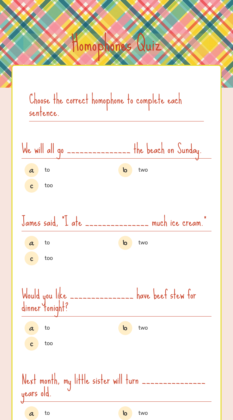 Homophones Quiz Grade 3 worksheet preview