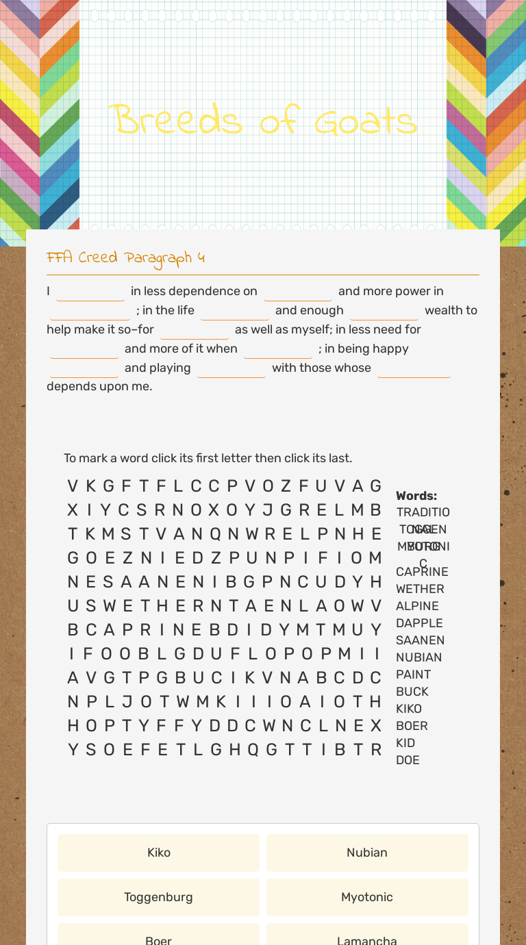 Breeds of Goats Preschool worksheet preview