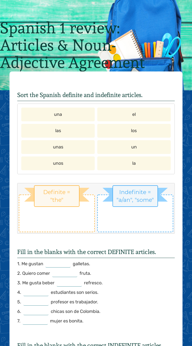 Spanish 1 Review Articles Noun Adjective Agreement Interactive Worksheet By Vera Soares