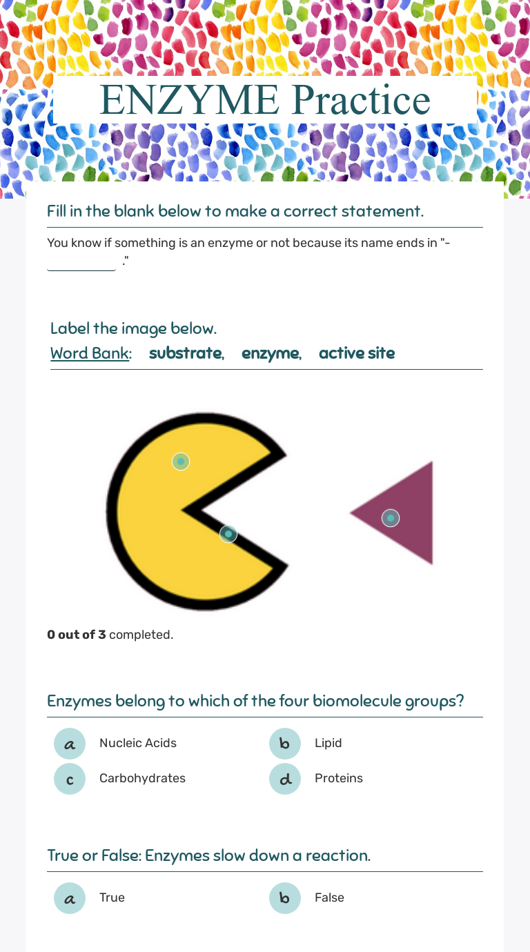 ENZYME Practice | Interactive Worksheet by Taylor Atkinson | Wizer.me