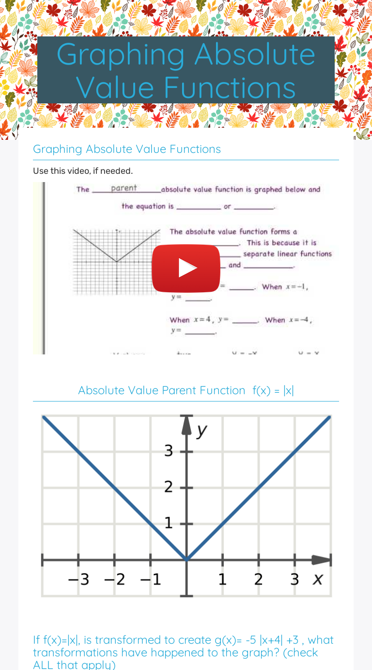 Graphing Absolute Value Functions  Interactive Worksheet by For Graphing Absolute Value Functions Worksheet