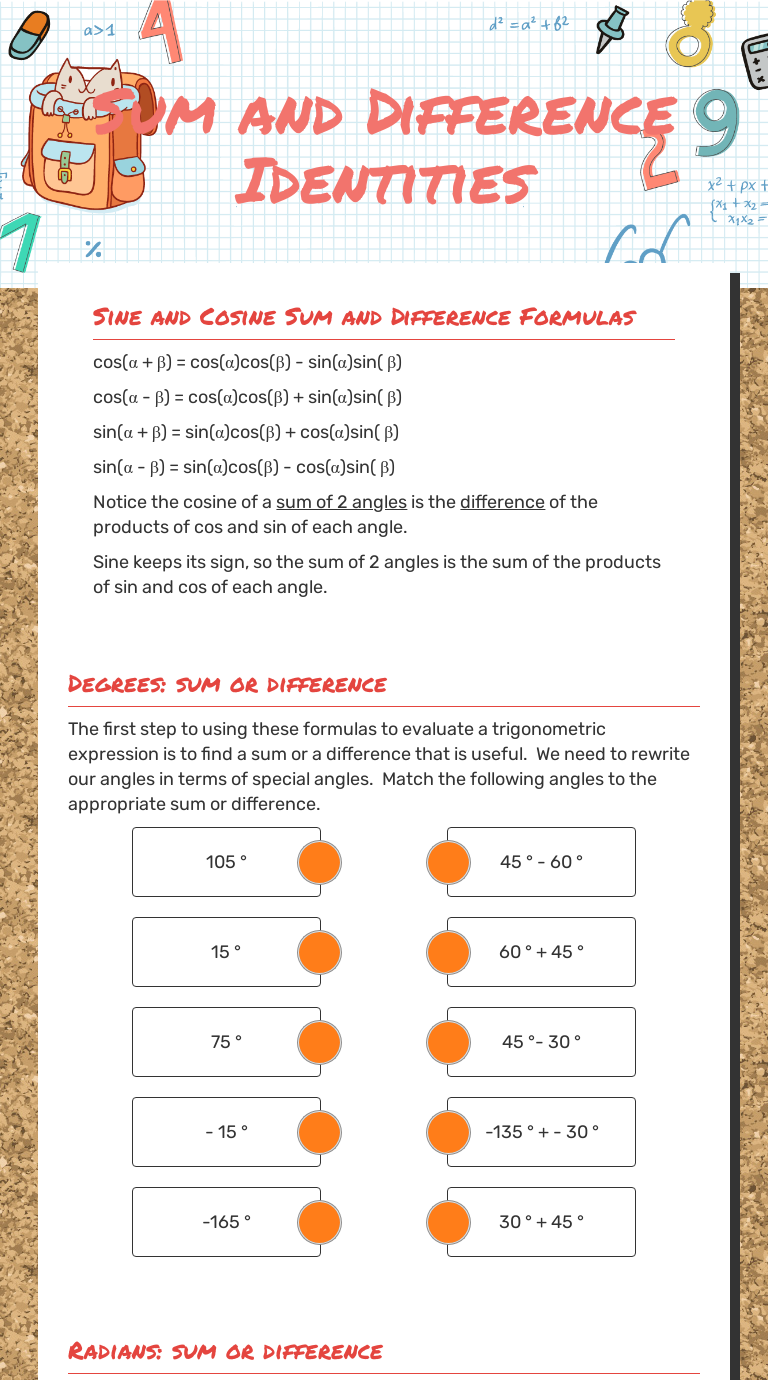 Sum And Difference Formulas Worksheet - Honors Precalc : | Illustration ...