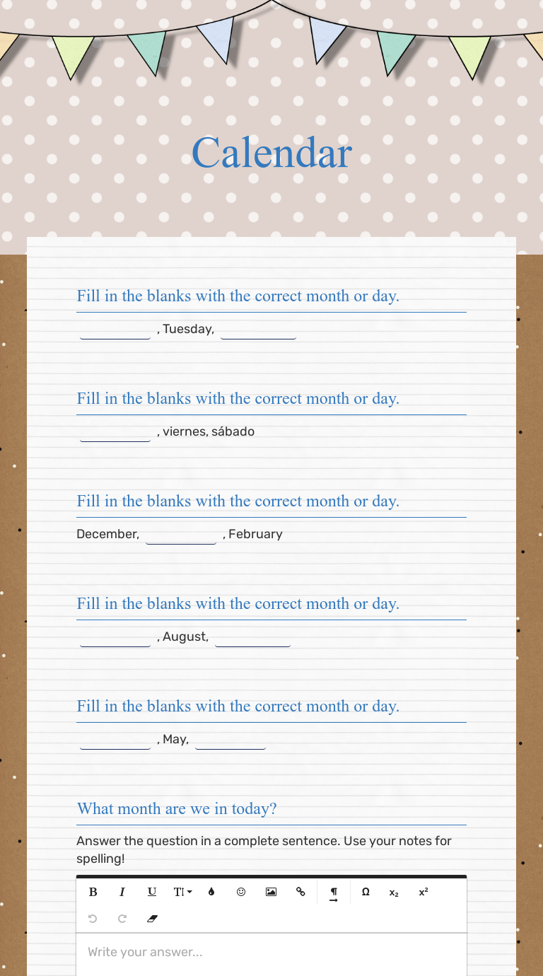 Calendar worksheet preview image