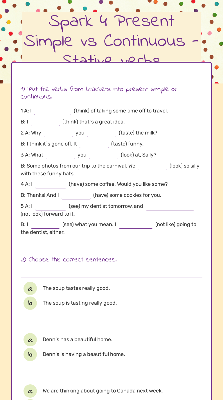 Spark 4 present simple vs continuous stative verbs interactive