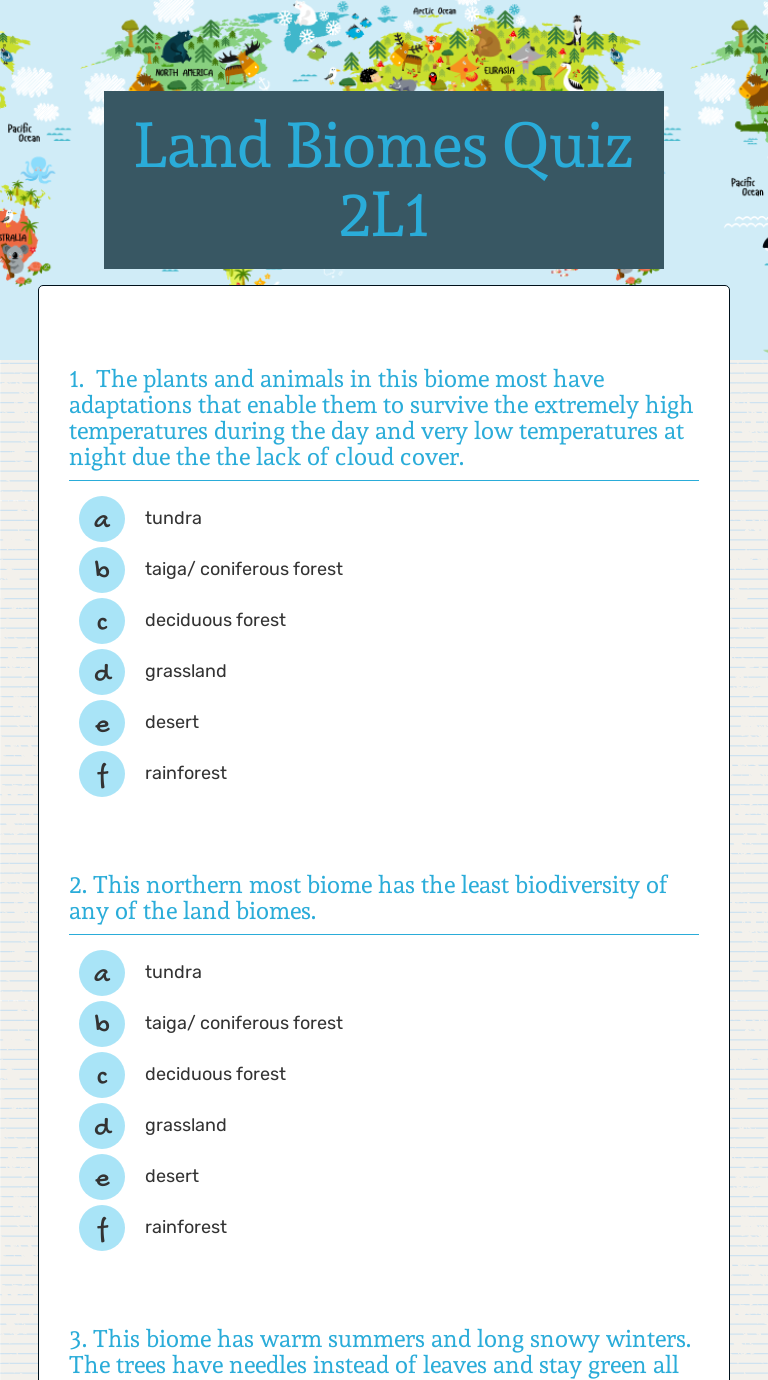 Land Biomes Quiz 2L1 worksheet preview image