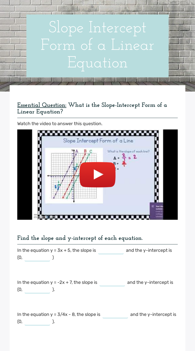 How To Find Slope Of A Linear Equation In Slope Intercept Form Video