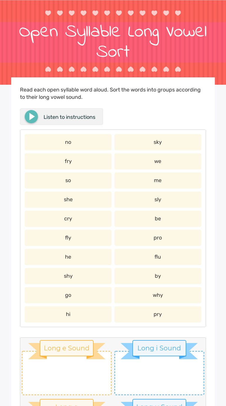 Open Syllable Long Vowel Sort Grade 2 worksheet preview