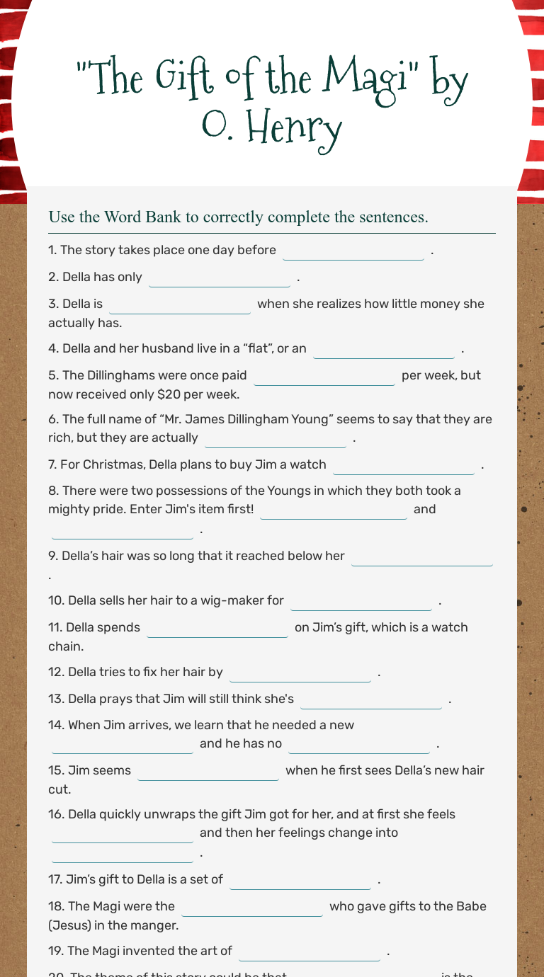"The Gift           
    of the Magi"                
   by O. Henry Grade 6 worksheet preview