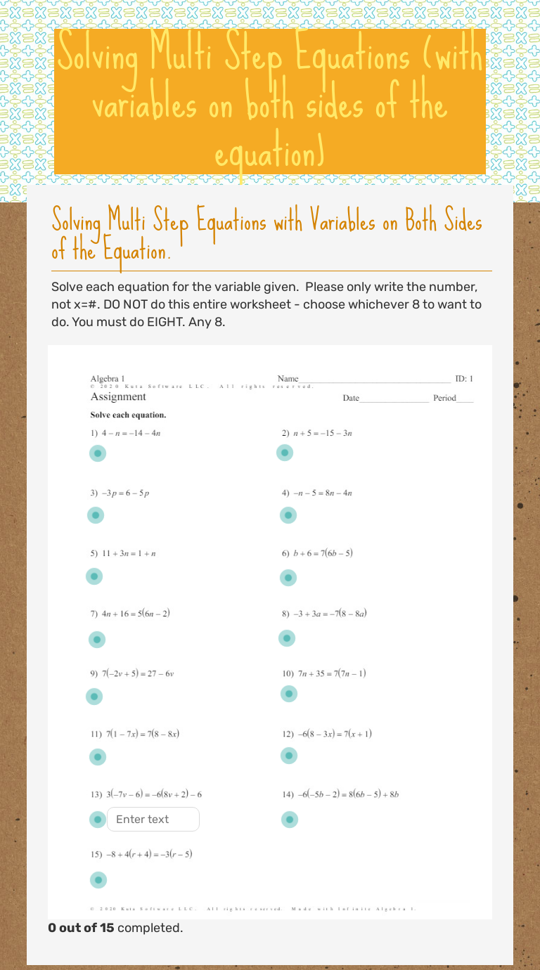 solving multi step equations with variables on both sides assignment