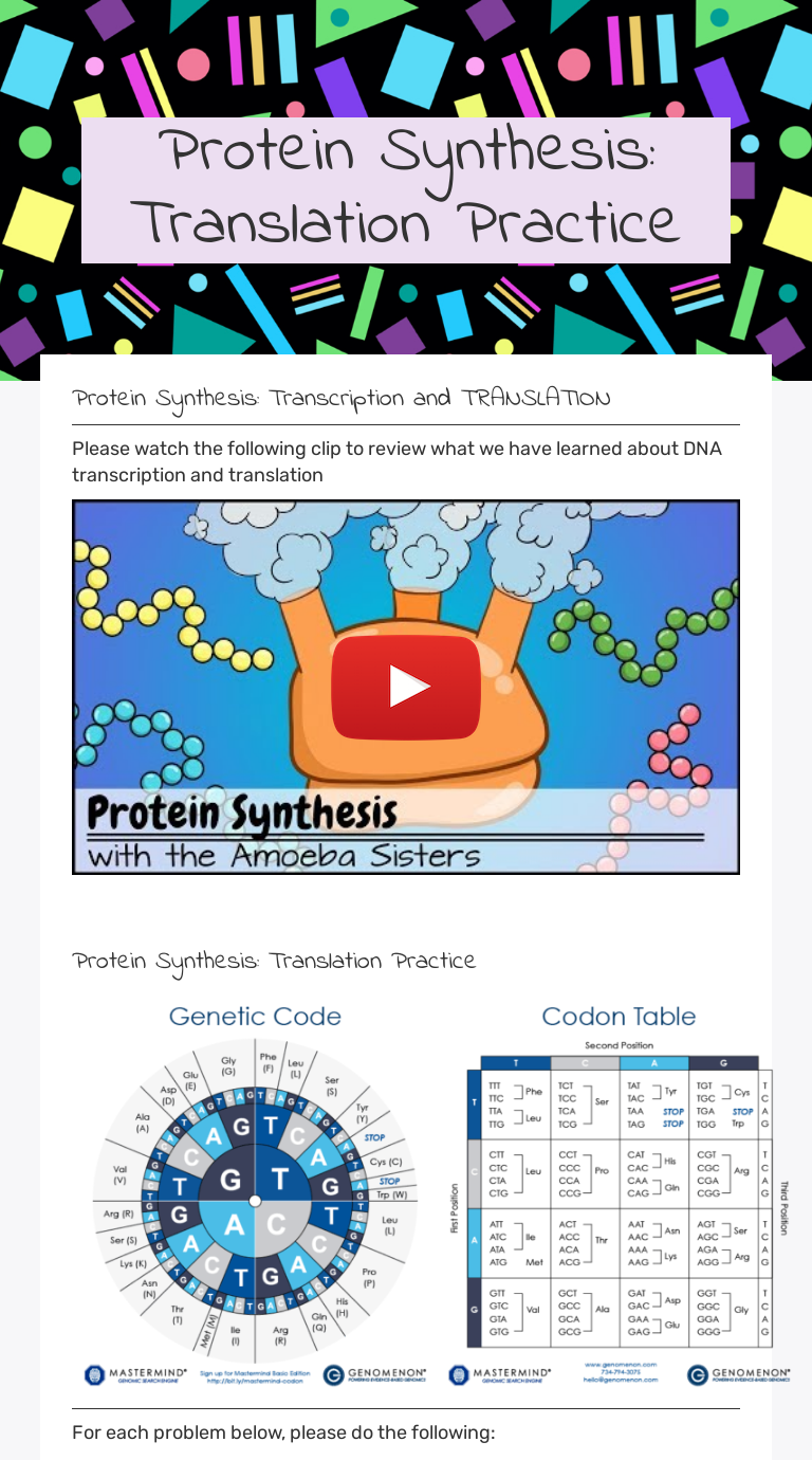 Protein Synthesis: Translation Practice  Interactive Worksheet by Within Protein Synthesis Practice Worksheet