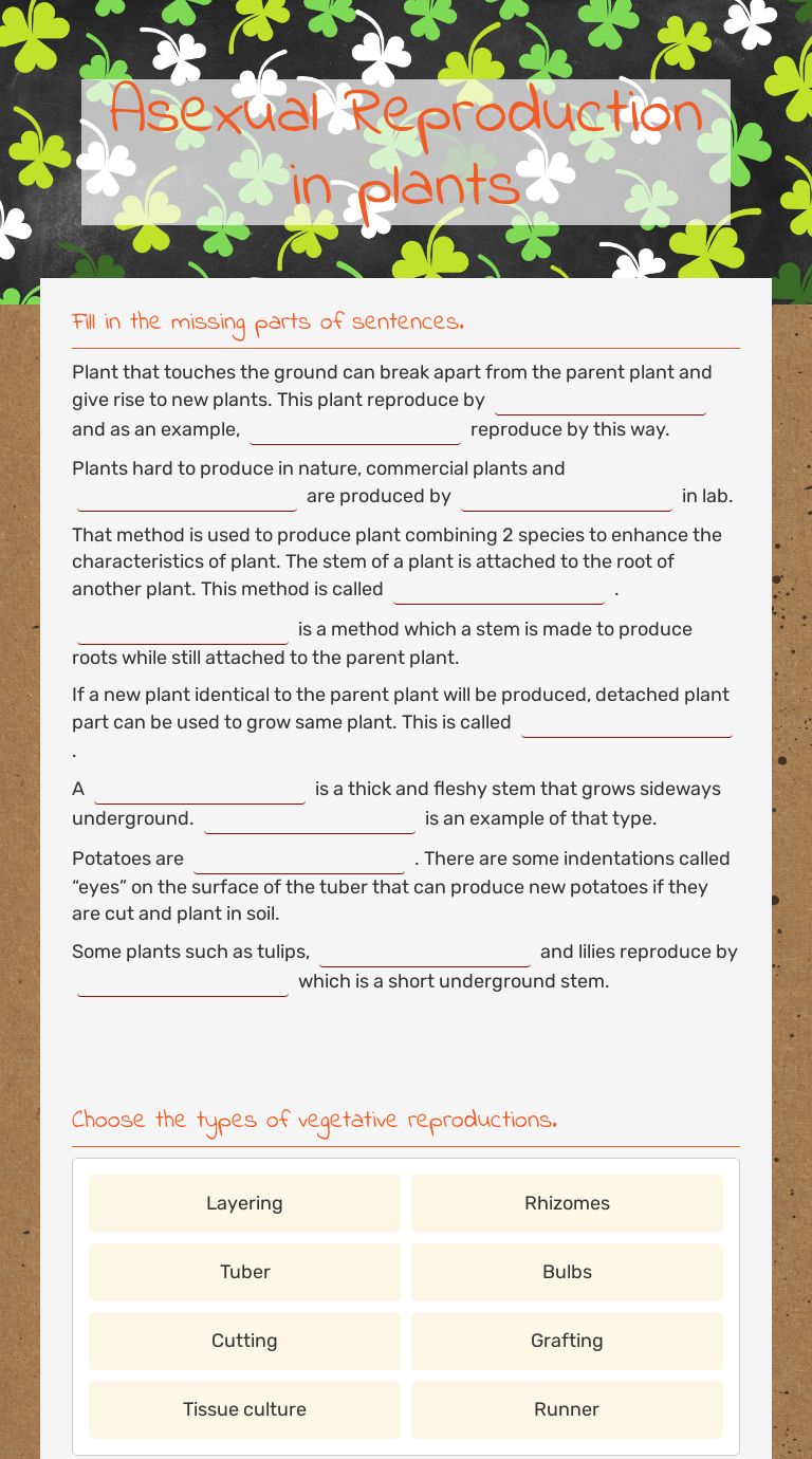 Asexual Reproduction In Plants Interactive Worksheet By Gamze Soysal Wizerme 