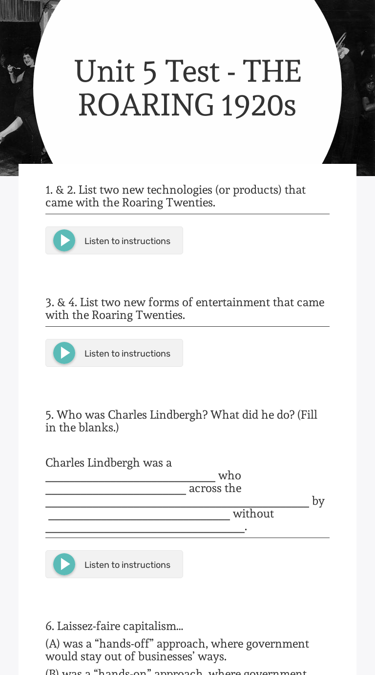 Unit 20 Test - THE ROARING 20s  Interactive Worksheet by Kipp In The Roaring Twenties Worksheet