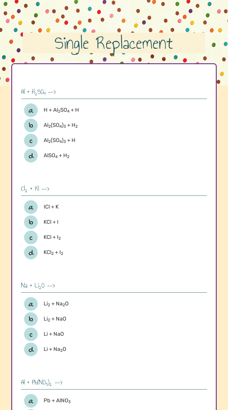 Single Replacement worksheet