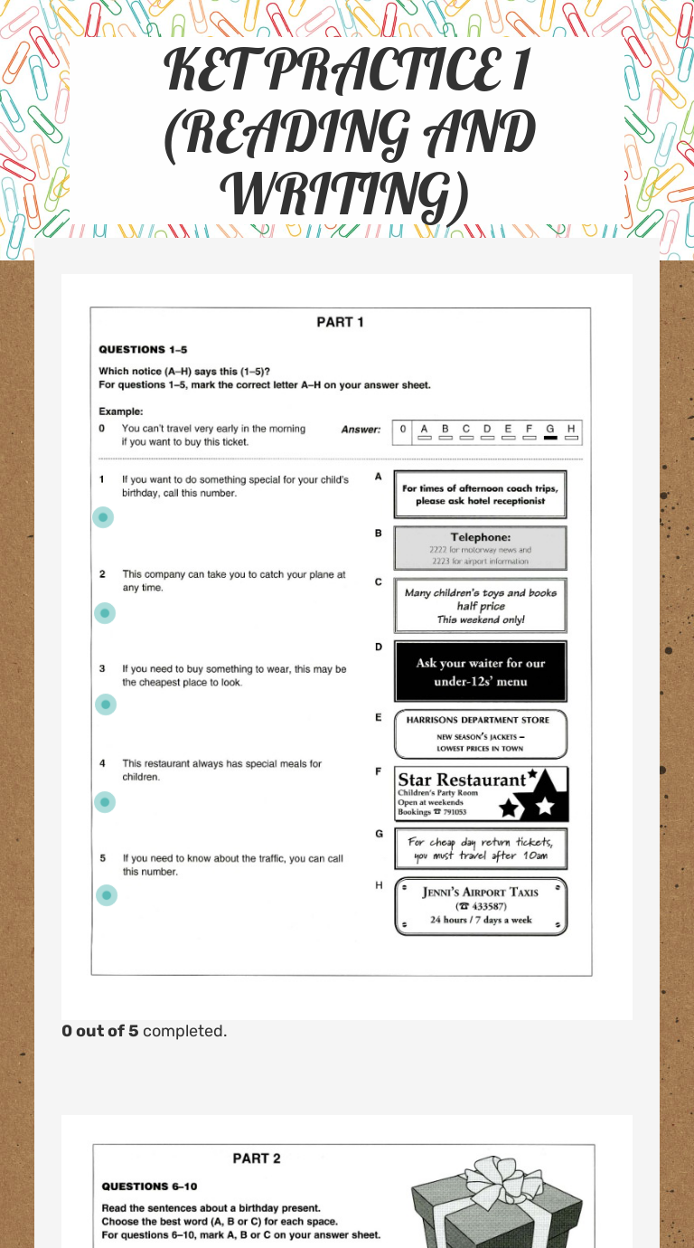 KET PRACTICE 1 (READING AND WRITING) worksheet preview image