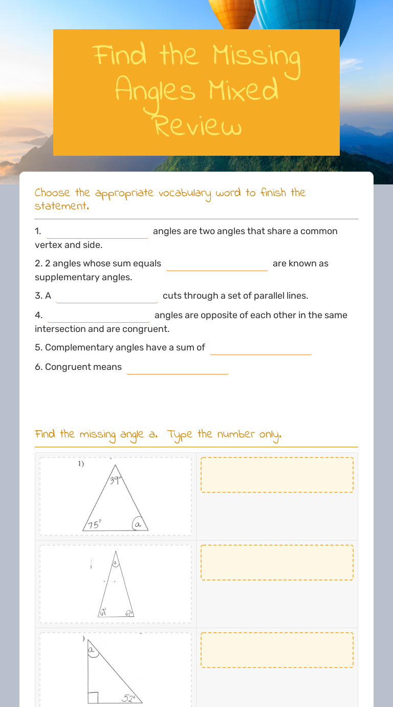 Find the Missing Angles Mixed Review worksheet preview image