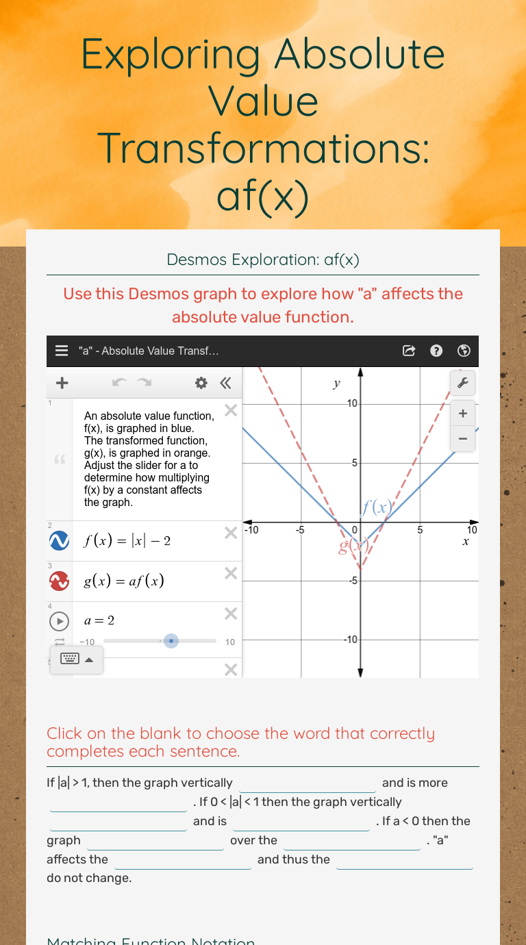 Exploring Absolute Value Transformations af(x) Interactive Worksheet