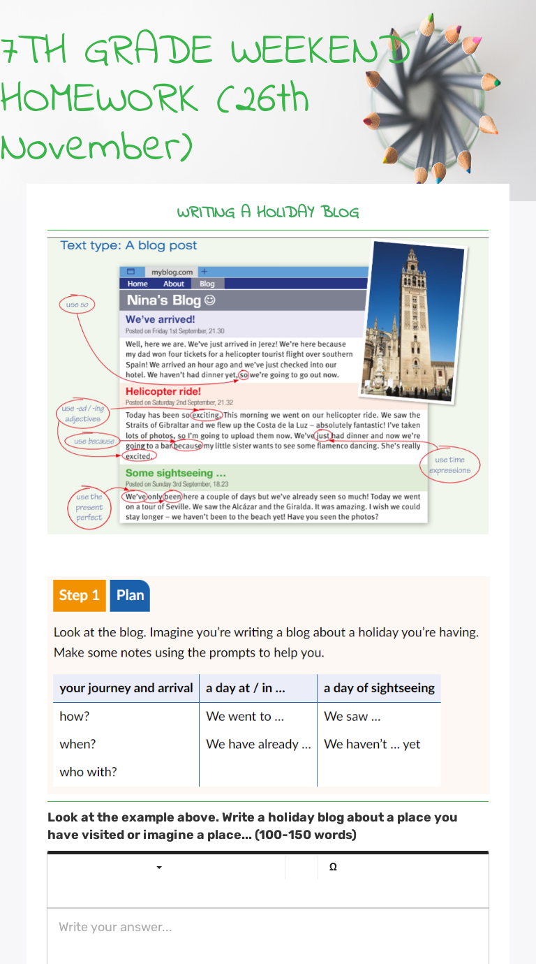 7TH GRADE WEEKEND HOMEWORK 26th November Interactive Worksheet By 