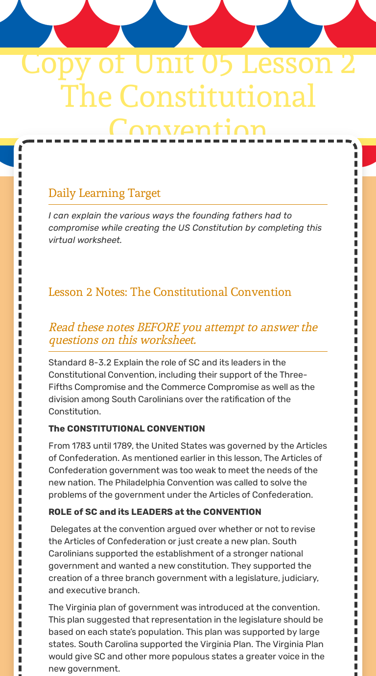 Copy of Unit 11 Lesson 11 The Constitutional Convention Inside The Constitutional Convention Worksheet