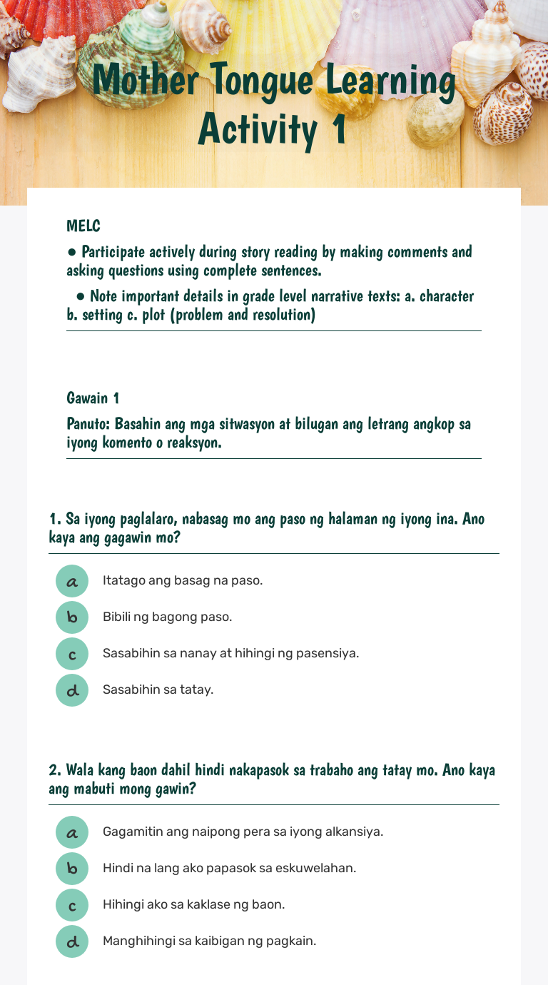 Grade 1 Mother Tongue Worksheet