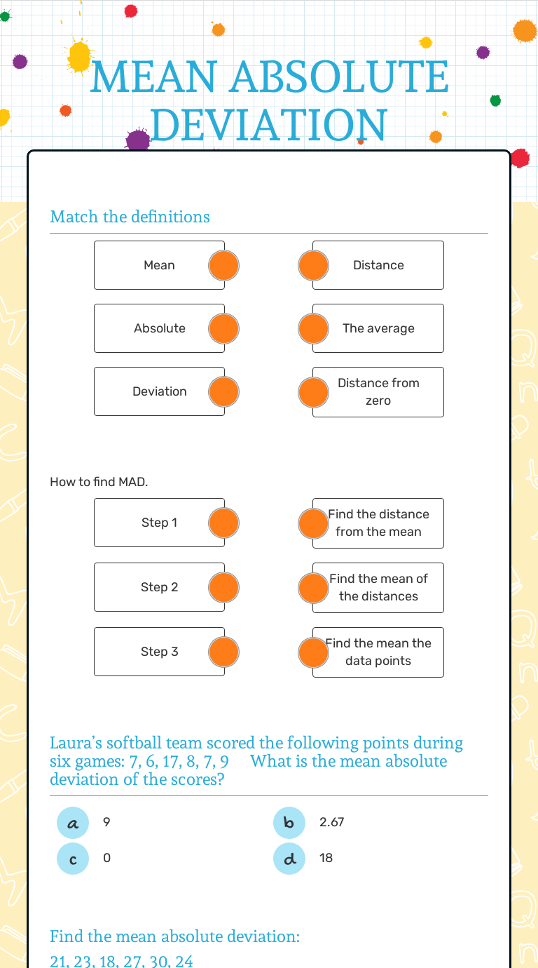 MEAN ABSOLUTE DEVIATION  Interactive Worksheet by Meighan Pertaining To Mean Absolute Deviation Worksheet