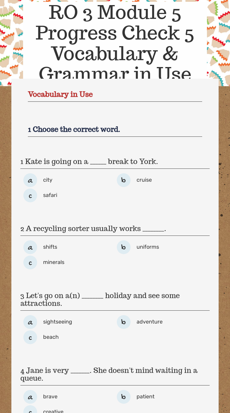 RO 3 Module 5 Progress Check 5 Vocabulary & Grammar in Use Grade 7 worksheet preview