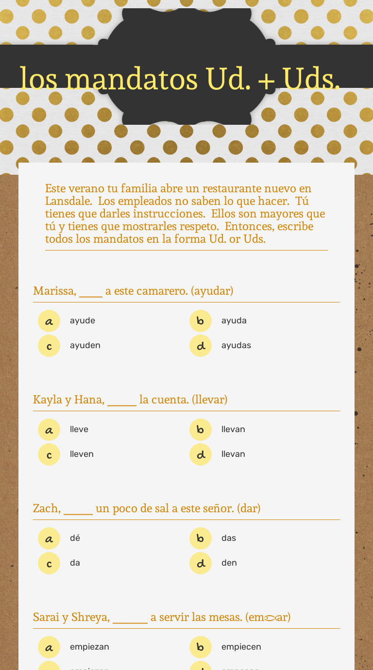 Los Mandatos Ud. + Uds. | Interactive Worksheet By Rachel Condon | Wizer.me