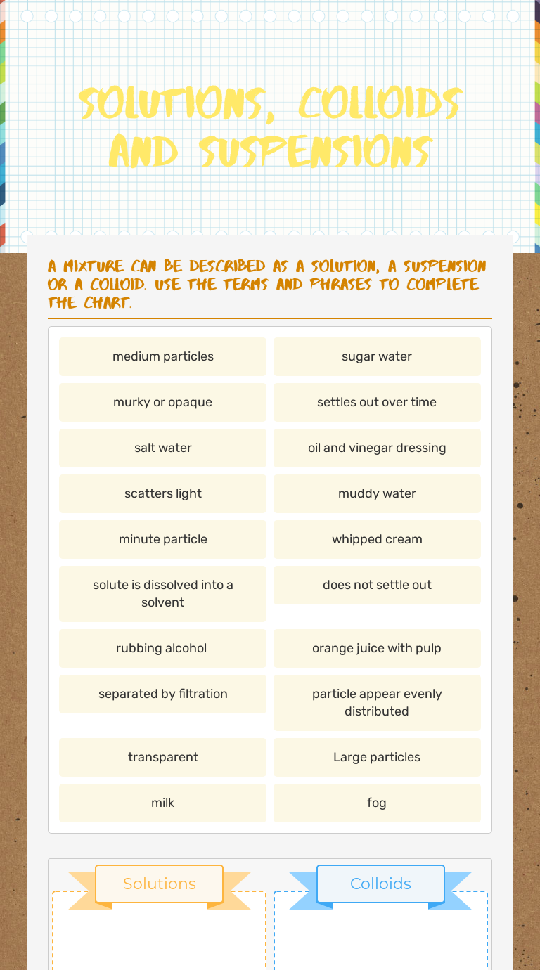 Solutions, Colloids and Suspensions  Interactive Worksheet by In Solutions Colloids And Suspensions Worksheet