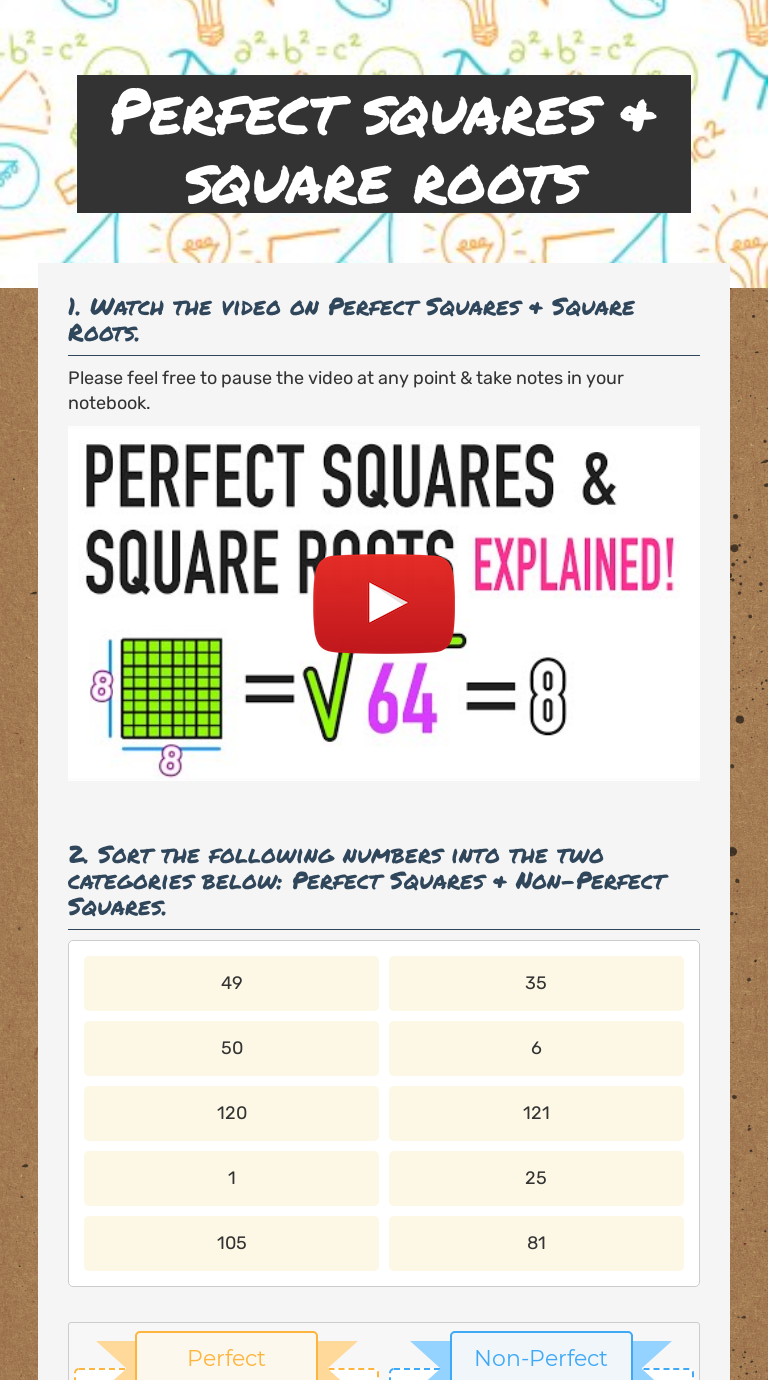 Perfect squares & square roots  Interactive Worksheet by Kaitlyn Regarding Squares And Square Roots Worksheet