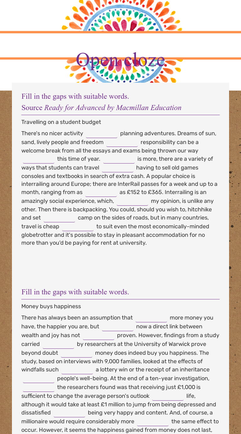 Open cloze worksheet preview image