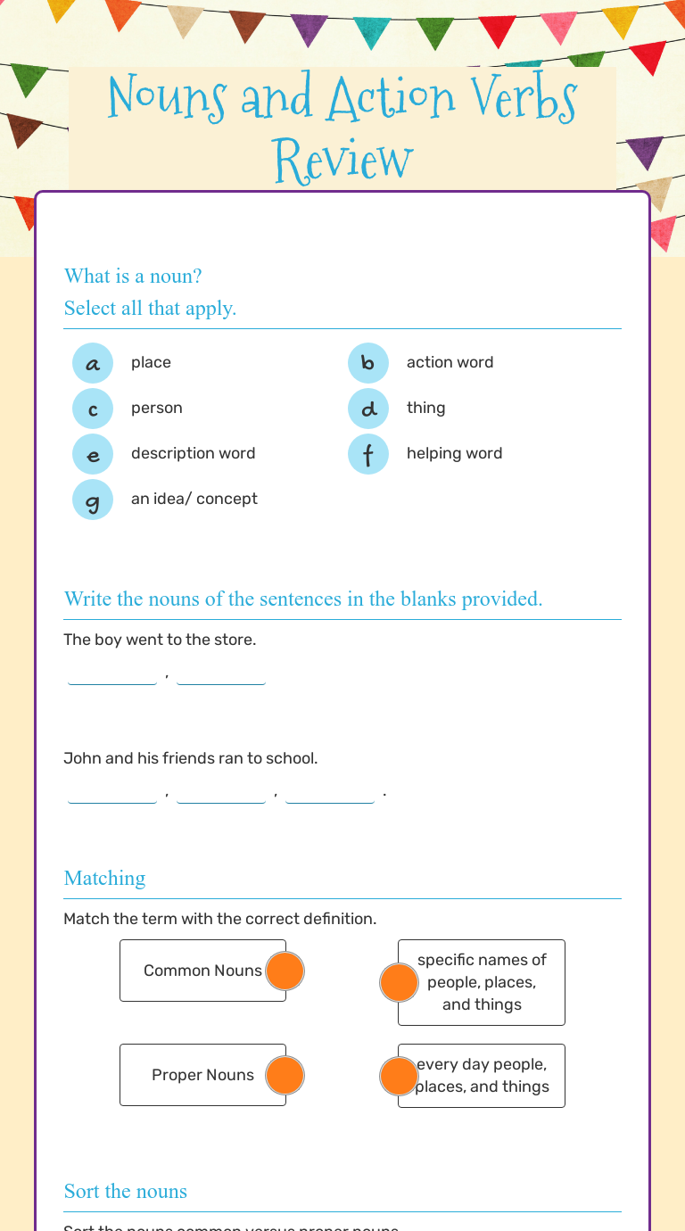 Nouns and Action Verbs Review Interactive Worksheet by Ree Nae Greene
