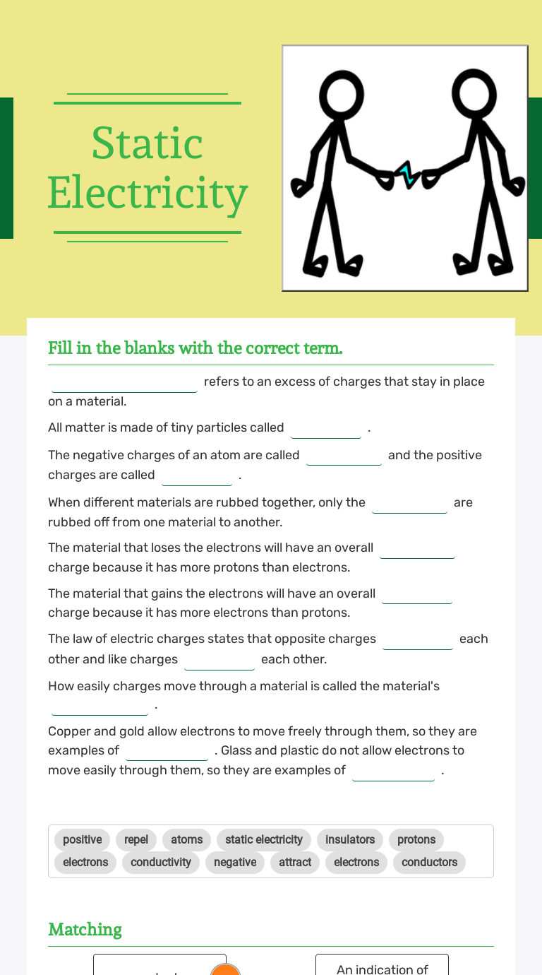 Static Electricity Grade 9 worksheet preview