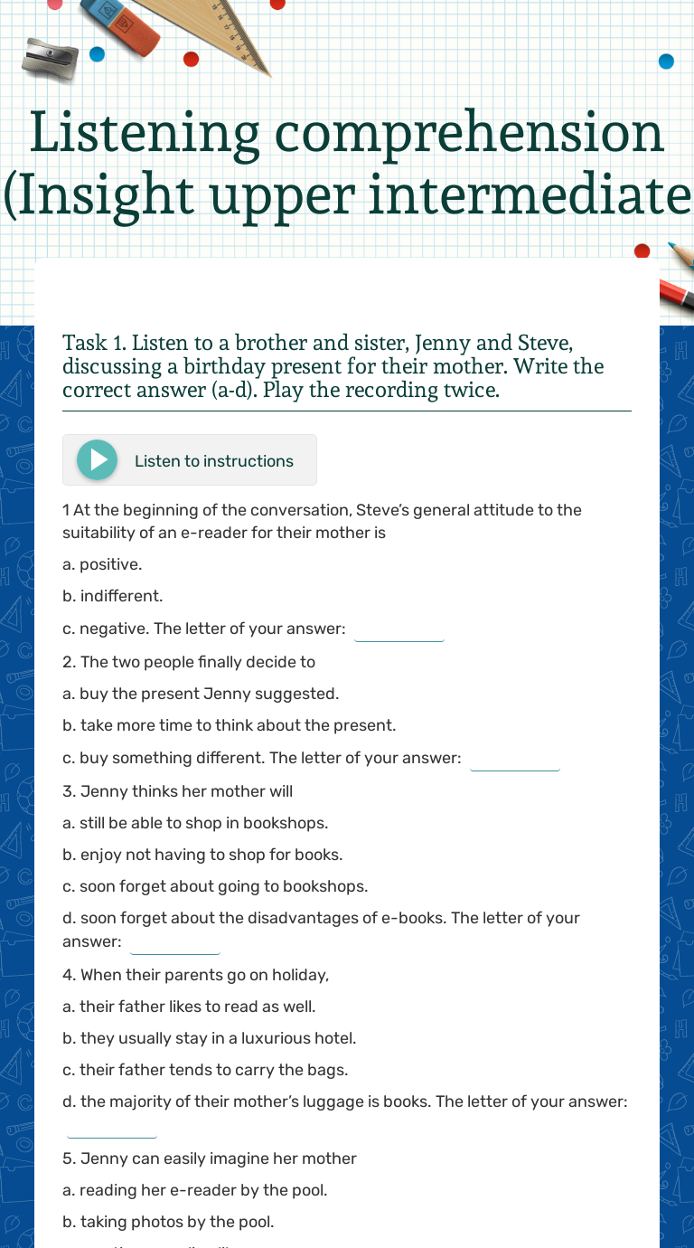 Listening comprehension (Insight upper intermediate Interactive