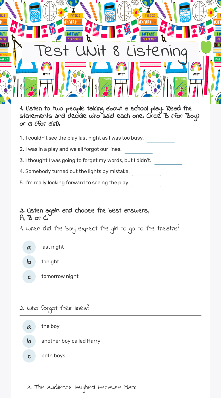 Test UNit 8 Listening worksheet preview image