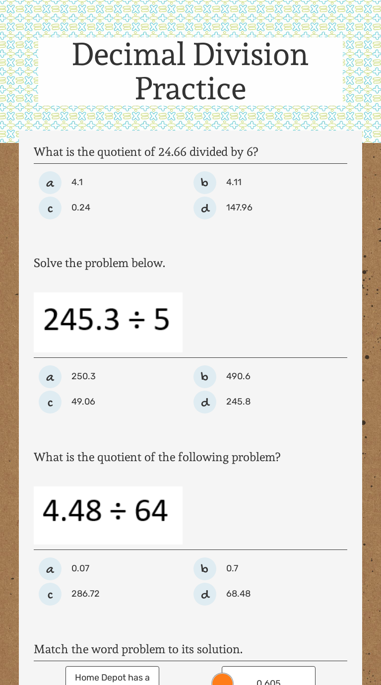 Decimal Division Practice worksheet